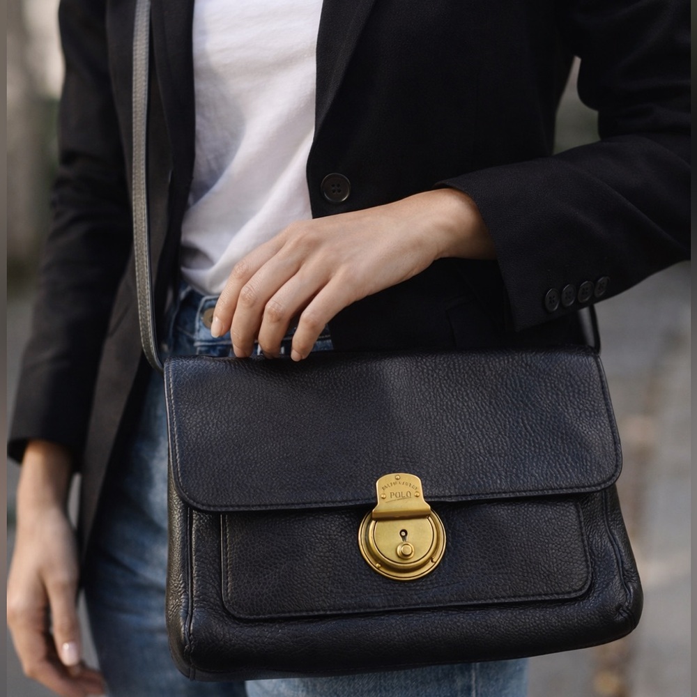Vintage Ralph Lauren Polo Leather Crossbody Bag Black Brass Lock Pebbled Clutch